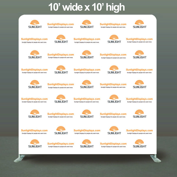 10' High Trade Show Booth Event Backwall Swift Step and Repeat Stand w/ Dye-sub Fabric Backdrop, 10' wide and more.