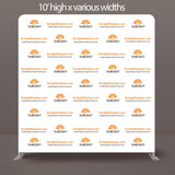 10' High Trade Show Booth Event Backwall Swift Step and Repeat Stand w/ Dye-sub Fabric Backdrop, 10' wide and more.