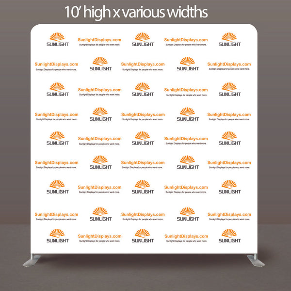 10' High Trade Show Booth Event Backwall Swift Step and Repeat Stand w/ Dye-sub Fabric Backdrop, 10' wide and more.